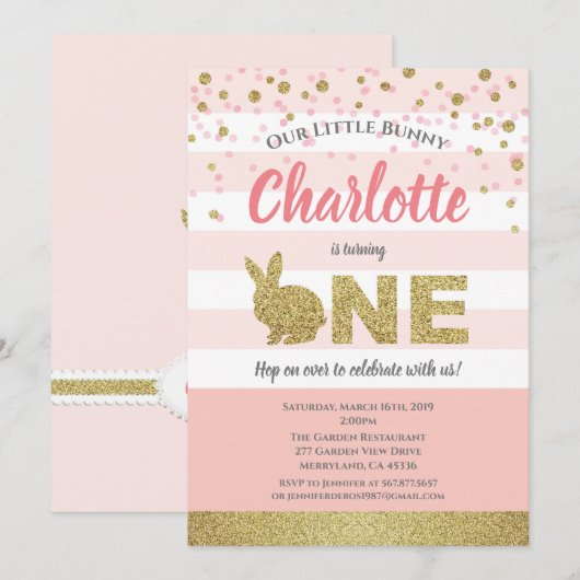 Bunny girl eerste verjaardag uitnodiging roze en g (Voorkant / Achterkant)