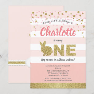 Bunny girl eerste verjaardag uitnodiging roze en g