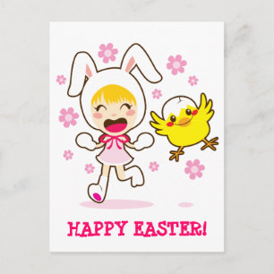 Bunny Girl en Little Chick Feestdagenkaart