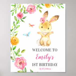Bunny Girl First Birthday Colorful Animal Welkom Poster