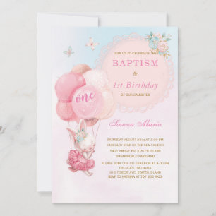 Bunny Girl First Birthday en Baptism Invitation Kaart