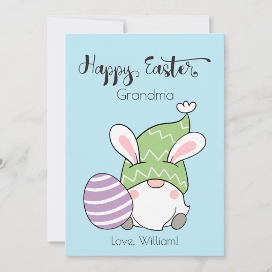 Bunny Gnome Met Pasen Ei Gelukkig Pasen Script Feestdagenkaart (Voorkant)