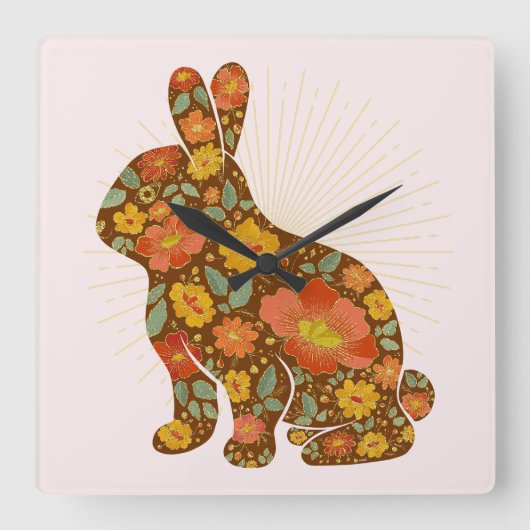 Bunny Gold Glitter Floral Pink Brown Vierkante Klok (Voorkant)