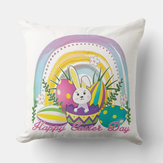 Bunny Happy Paasdag met kleuren van de regenboog Kussen (Voorkant)