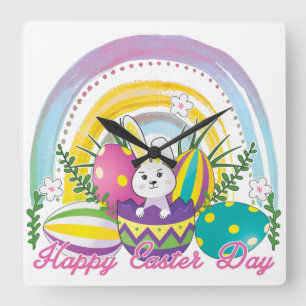 Bunny Happy Paasdag met kleuren van de regenboog Vierkante Klok