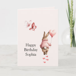 Bunny Heart Balloon Pink Butterflies Birthday Kaart