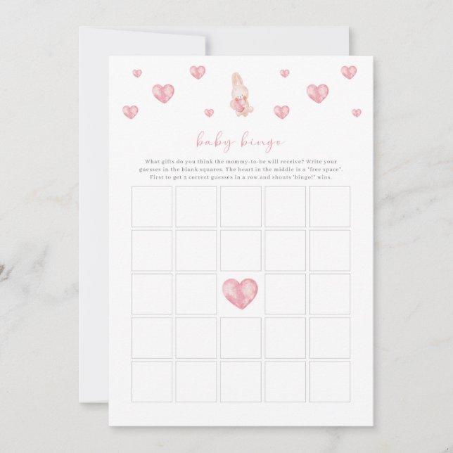 Bunny Heart Valentijn Baby shower Bingo spel (Voorkant)