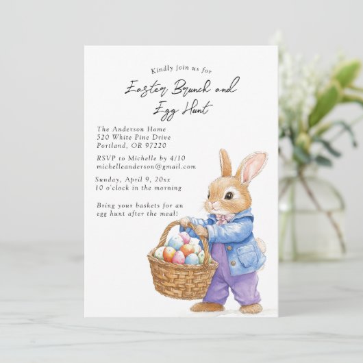 Bunny Holding Eggs in Basket Brunch en eierjacht Kaart (Staand voorkant)