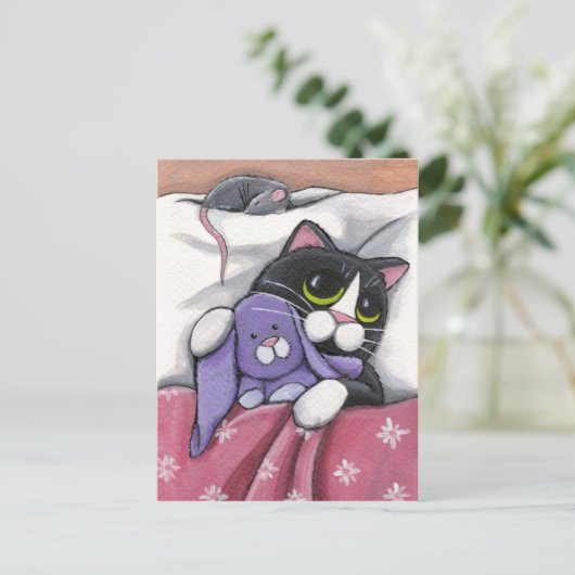 Bunny Hugz | Toxedo Cat en Speelgoed Bunny Illustr Briefkaart (Staand voorkant)