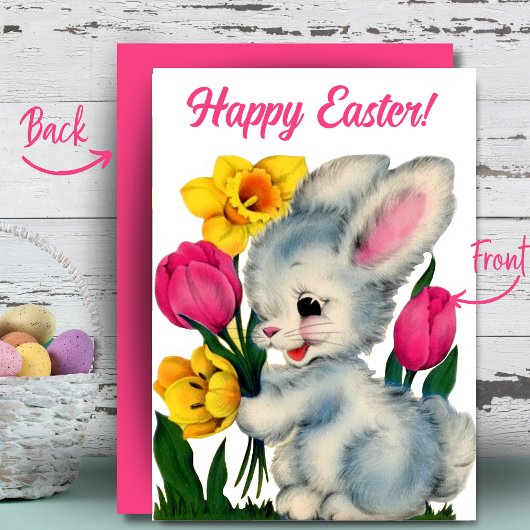Bunny in Bloemen Gelukkig Pasen Custom Retro Feestdagenkaart