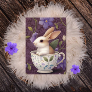 Bunny in bloementheekop met paarse bloemen feestdagenkaart