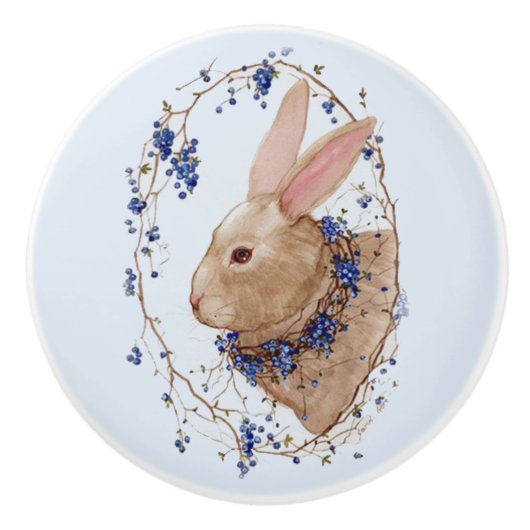 Bunny in Blueberry Wreath Round Ceramic Knob. Keramische Knop (Voorkant)