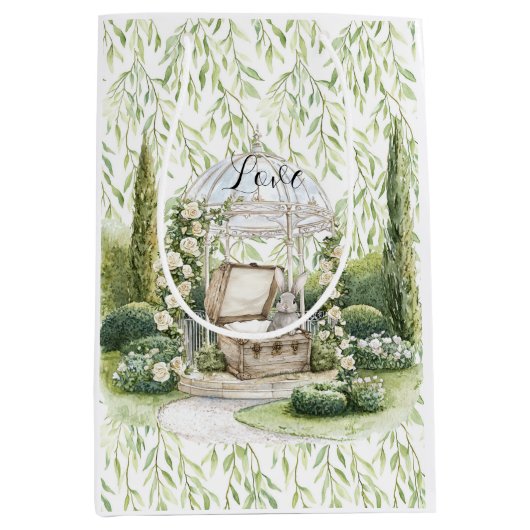 Bunny in Chest Green Leaves Floral Christmas Medium Cadeauzakje (Voorkant)