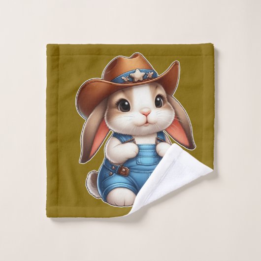 Bunny in Cowboy Outfit met Pet en Overalls Bad Handdoek (Wasdoekje)
