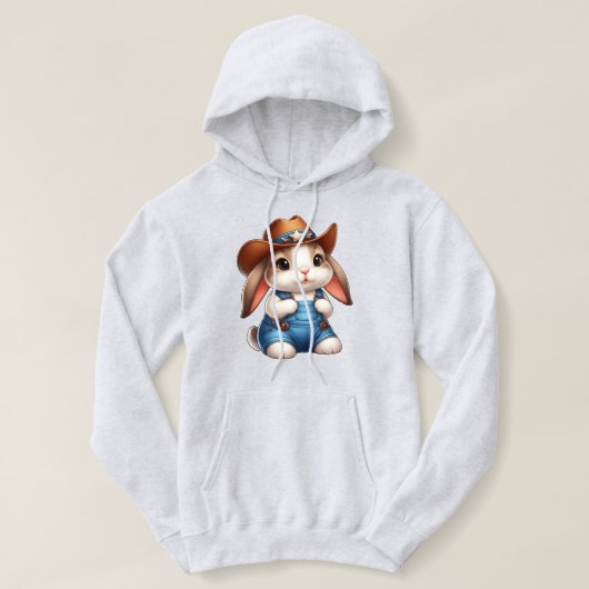 Bunny in Cowboy Outfit met Pet en Overalls Hoodie (Design voorkant)
