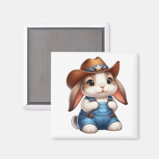 Bunny in Cowboy Outfit met Pet en Overalls Magneet (Voorkant / Achterkant)
