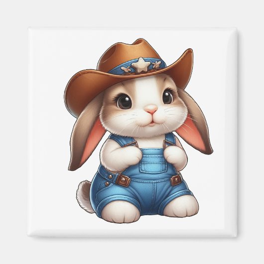 Bunny in Cowboy Outfit met Pet en Overalls Magneet (Voorkant)