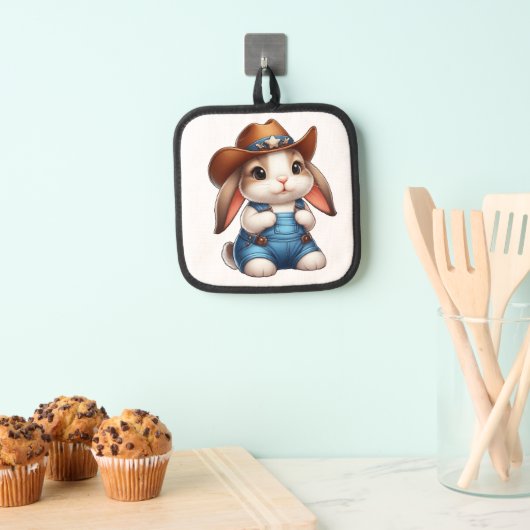 Bunny in Cowboy Outfit met Pet en Overalls Pannenlap (Insitu(Ophanging))