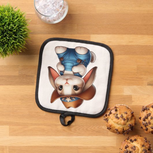 Bunny in Cowboy Outfit met Pet en Overalls Pannenlap (Top down)