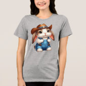 Bunny in Cowboy Outfit met Pet en Overalls Tri-Blend Shirt (Voorkant)