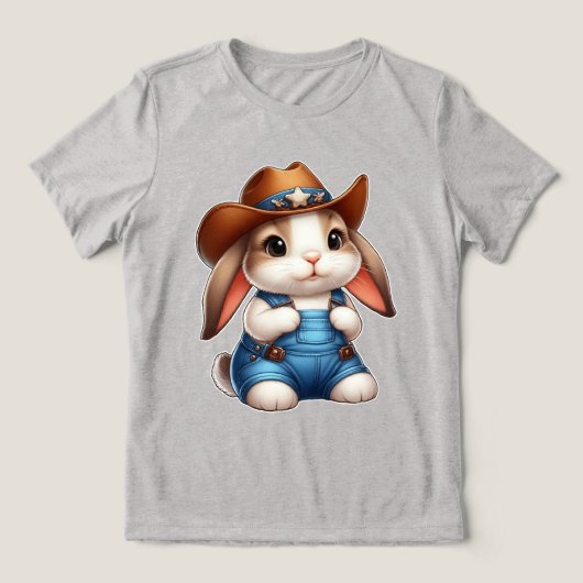 Bunny in Cowboy Outfit met Pet en Overalls Tri-Blend Shirt (Design voorkant)