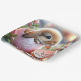 Bunny in een decoratief ei met bloemen papieren bordje