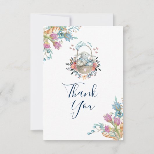 Bunny in een mand met eieren en  Floral Bouque Kaart (Voorkant)