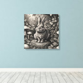 Bunny in een paddenstoelentuin canvas afdruk (Insitu (Houten vloer))