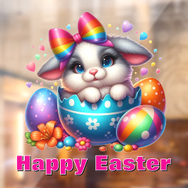 Bunny in eierschaal met kleurrijke paaseieren raamsticker