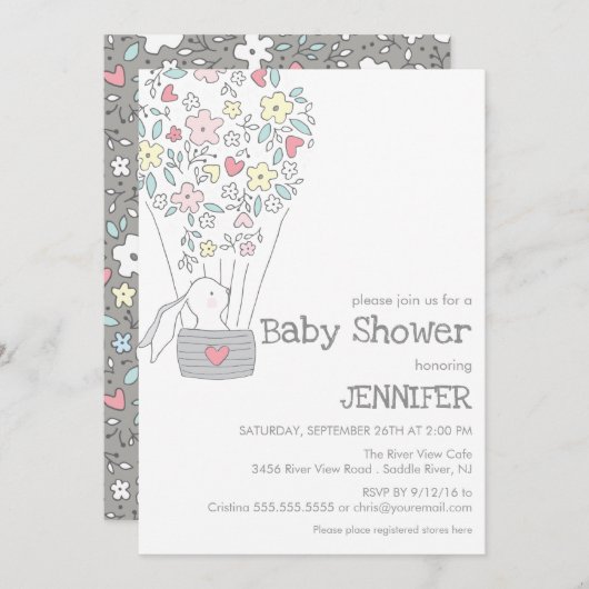 Bunny in heteluchtballon | neutraal baby shower kaart (Voorkant / Achterkant)