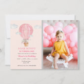Bunny in hotair ballon roze 1 verjaardag kaart (Voorkant)
