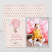 Bunny in hotair ballon roze 1 verjaardag kaart (Voorkant / Achterkant)