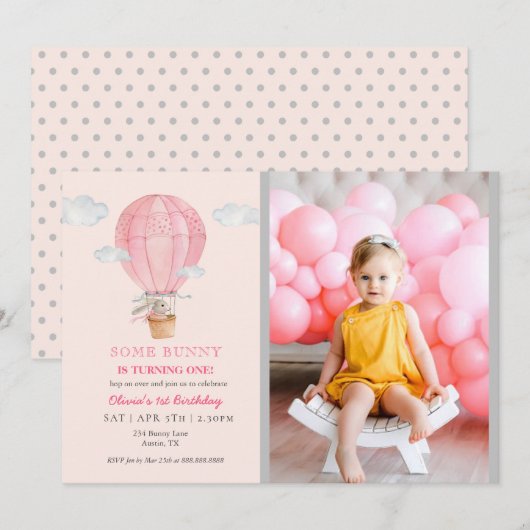 Bunny in hotair ballon roze 1 verjaardag kaart (Voorkant / Achterkant)