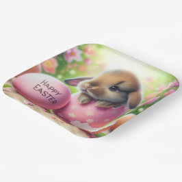 Bunny in paasei met bloemen papieren bordje