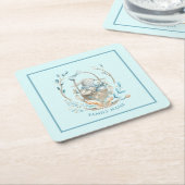 Bunny in paasmandje Happy Easter-tekst Kartonnen Onderzetters (Schuin)