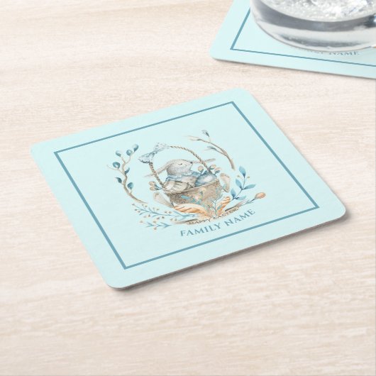 Bunny in paasmandje Happy Easter-tekst Kartonnen Onderzetters (Schuin)