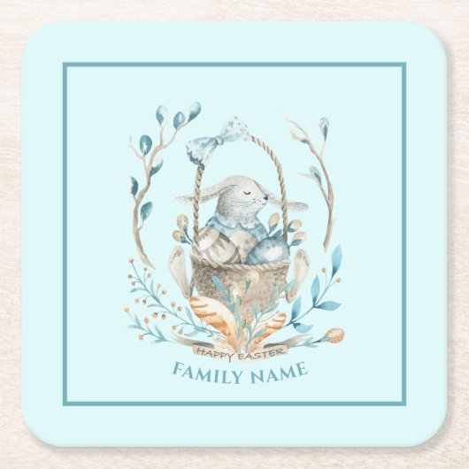 Bunny in paasmandje Happy Easter-tekst Kartonnen Onderzetters (Voorkant)
