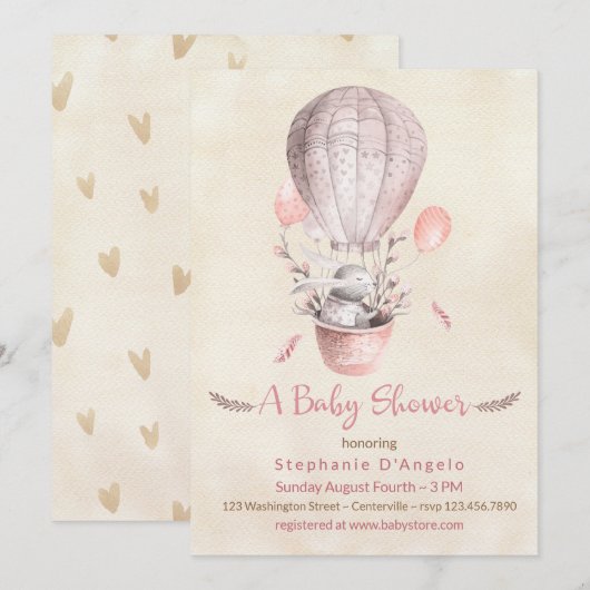 Bunny in roze luchtballon Baby shower Kaart (Voorkant / Achterkant)