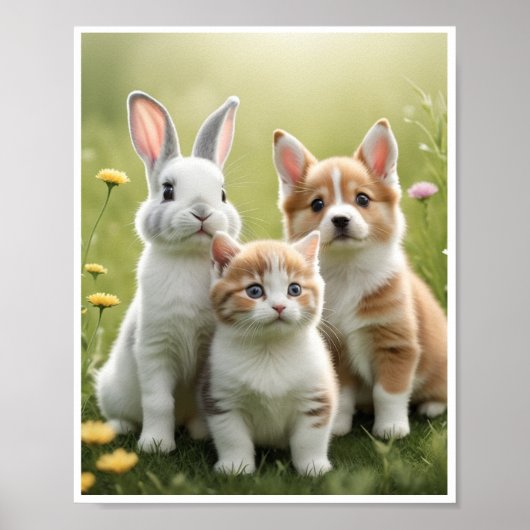 Bunny Kitten Puppy Meadow Wall Art Decor Poster (Voorkant)