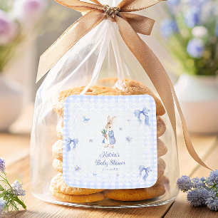 Bunny Konijn Blauw Gingham Baby Shower Bedankt Vierkante Sticker