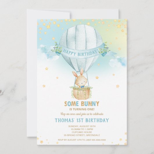 Bunny Konijn Hete Luchtballon 1e Verjaardag Jongen Kaart (Voorkant)