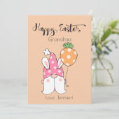 Bunny Lady Gnome Met Ballon Gelukkig Pasen Script Feestdagenkaart (Staand voorkant)