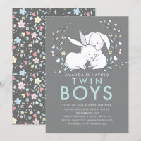 Bunny Love Twin Boys Baby shower Uitnodiging
