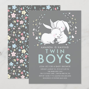 Bunny Love Twin Boys Baby shower Uitnodiging