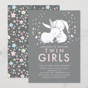 Bunny Love Twin Girls Baby shower Invitation Kaart