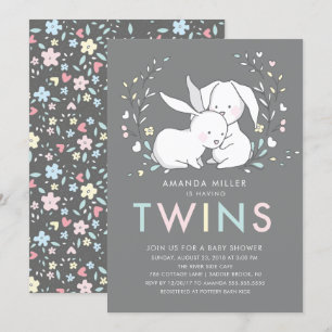 Bunny Love TWINS Baby shower Uitnodiging