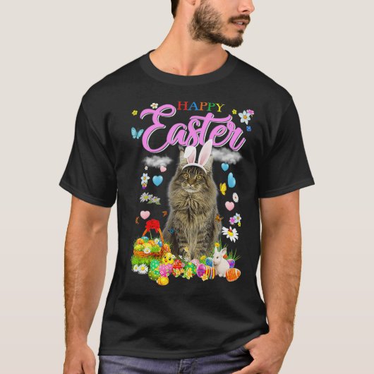 Bunny Maine Coon Cat Happy Paaseieren T-shirt (Voorkant)
