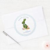 Bunny met Blauwe gingham grens Happy Easter Ronde Sticker (Envelop)