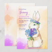 Bunny Met Bloemenboeket Verjaardagsfeest Kaart (Voorkant / Achterkant)