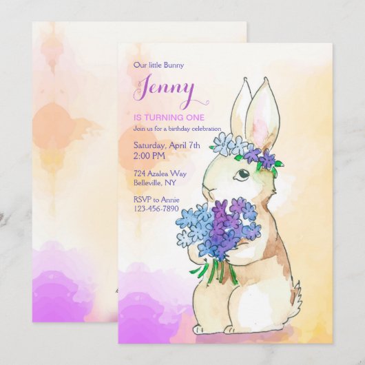 Bunny Met Bloemenboeket Verjaardagsfeest Kaart (Voorkant / Achterkant)